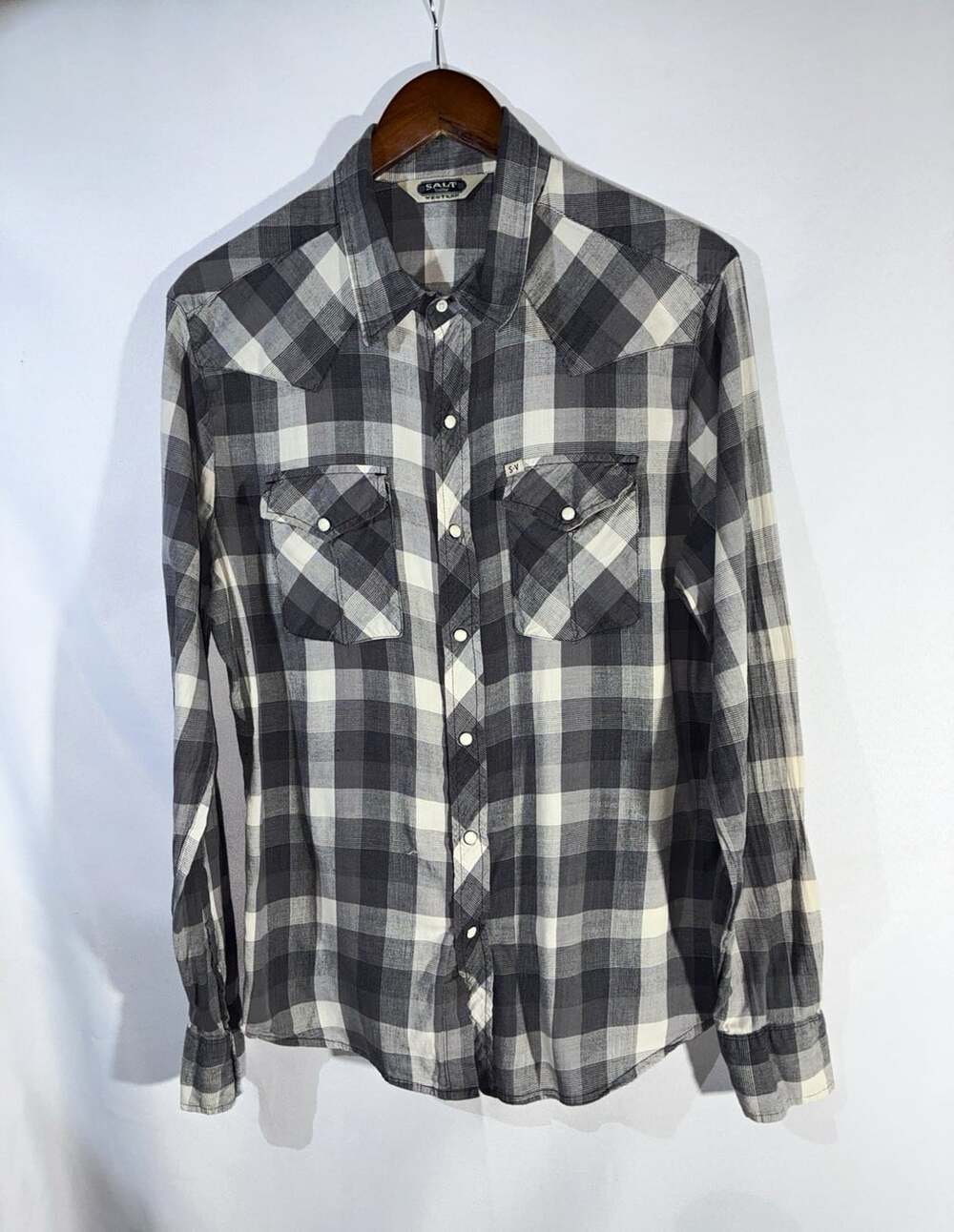 Salt Valley Western Pearl Snap Plaid Long Sleeve Button-Up Shirt w/ Pockets Sz L